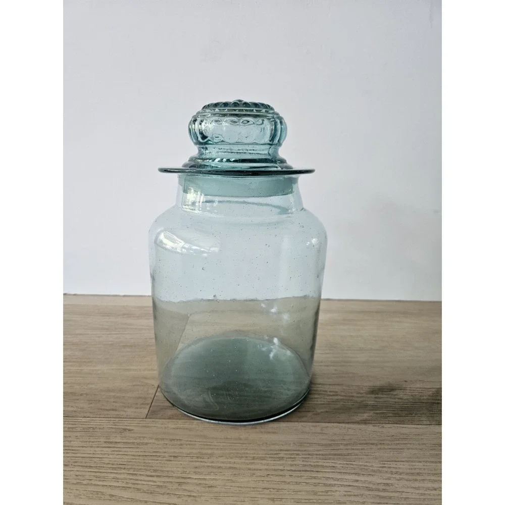 Vtg Takahashi Japan Hand Blown Glass Apothecary Jar MCM Blue Green Canister 9